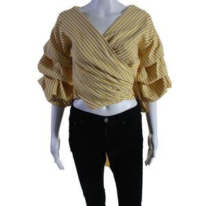 Maac Womens Check Print Tiered Bell Sleeve Wrap Crop Blouse Yellow Size XS